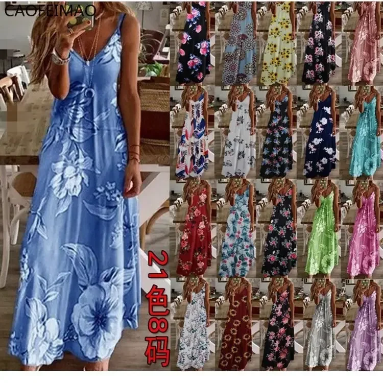 

2023 Caofeimao Slip Sundress for Women Summer Sexy V Neck Sleeveless Floral Print Loose Maxi Long Party Dress Dropshipping