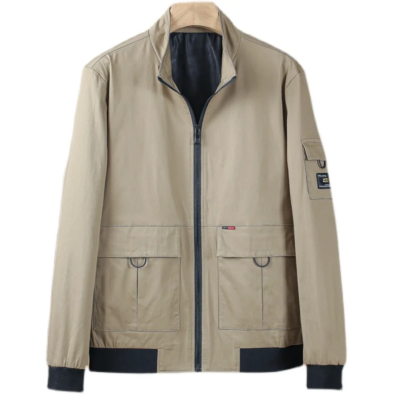 

Khaki Casual Men's Jaet Stand Collar Svel Zipper Closure Faion Urban Sle Autumn Outerwear Youth Fit Cotton Blend