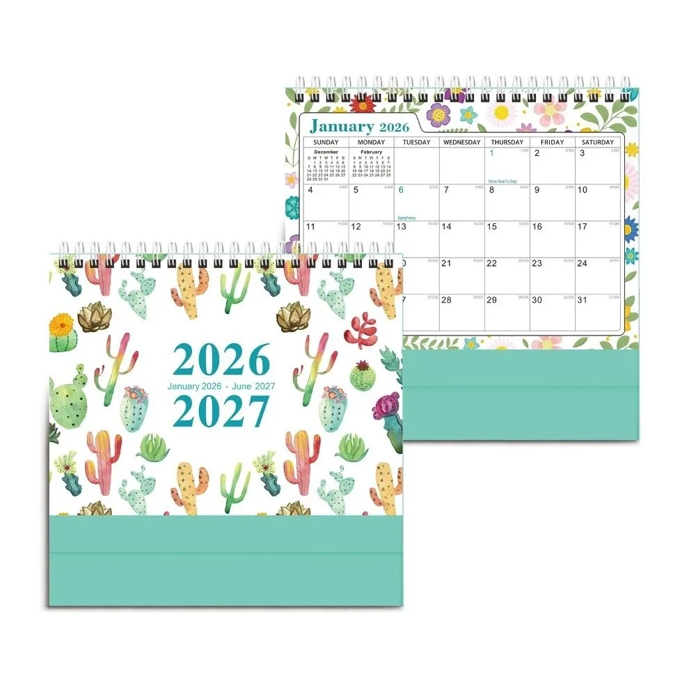 Calendrier de bureau Cactus janvier 2026-juin 2027 petit planificateur de bureau 2026 debout fournitures de bureau calendrier Agenda mensuel