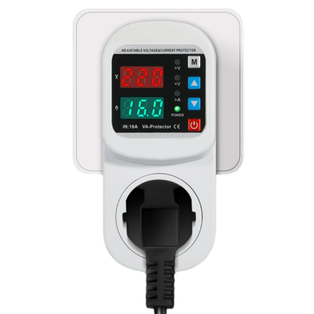 

Self Resetting Over Voltage Current Under Voltage Protector Socket AC 220V 110V Adjustable 16A Surge Protector EU Plug Socket