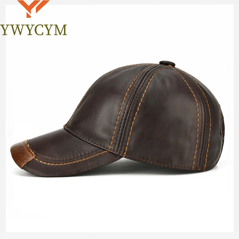 Men Real Cowhide Leather Earlap Caps Male Fall Winter 100% Real Cow Leather Hats New Casual Real Leather Outdoor Baseball Cap