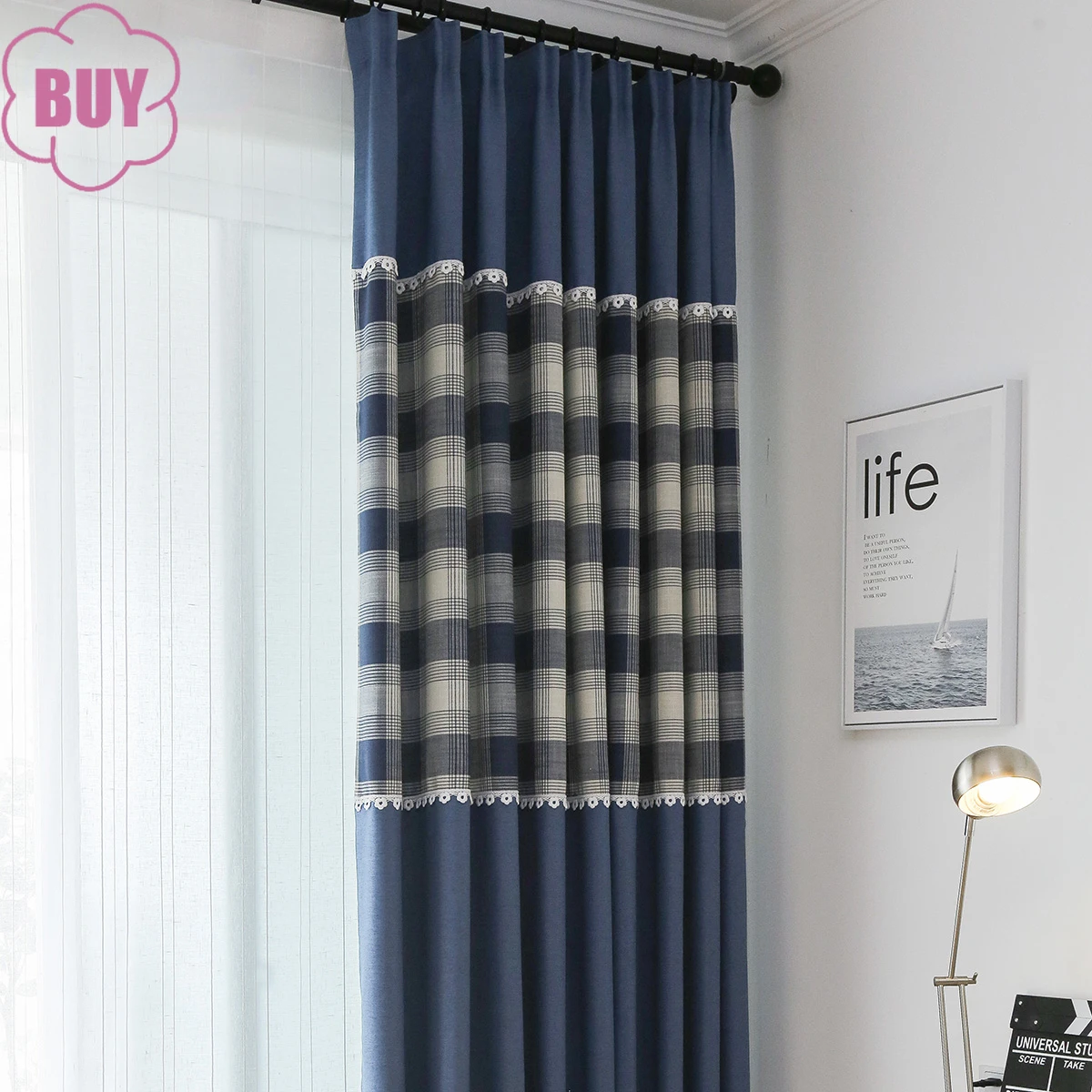 

Japanese Lattice Blue Cotton Linen Blackout Splicing Curtains for Living Room Study Bedroom French Window Balcony Customized