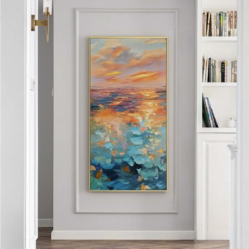 Large Ocean Frameless Hand Oil Painting, Abstract Original Painting, Sunshine Sky Sea Painting for Living Room Decortive Gifts
