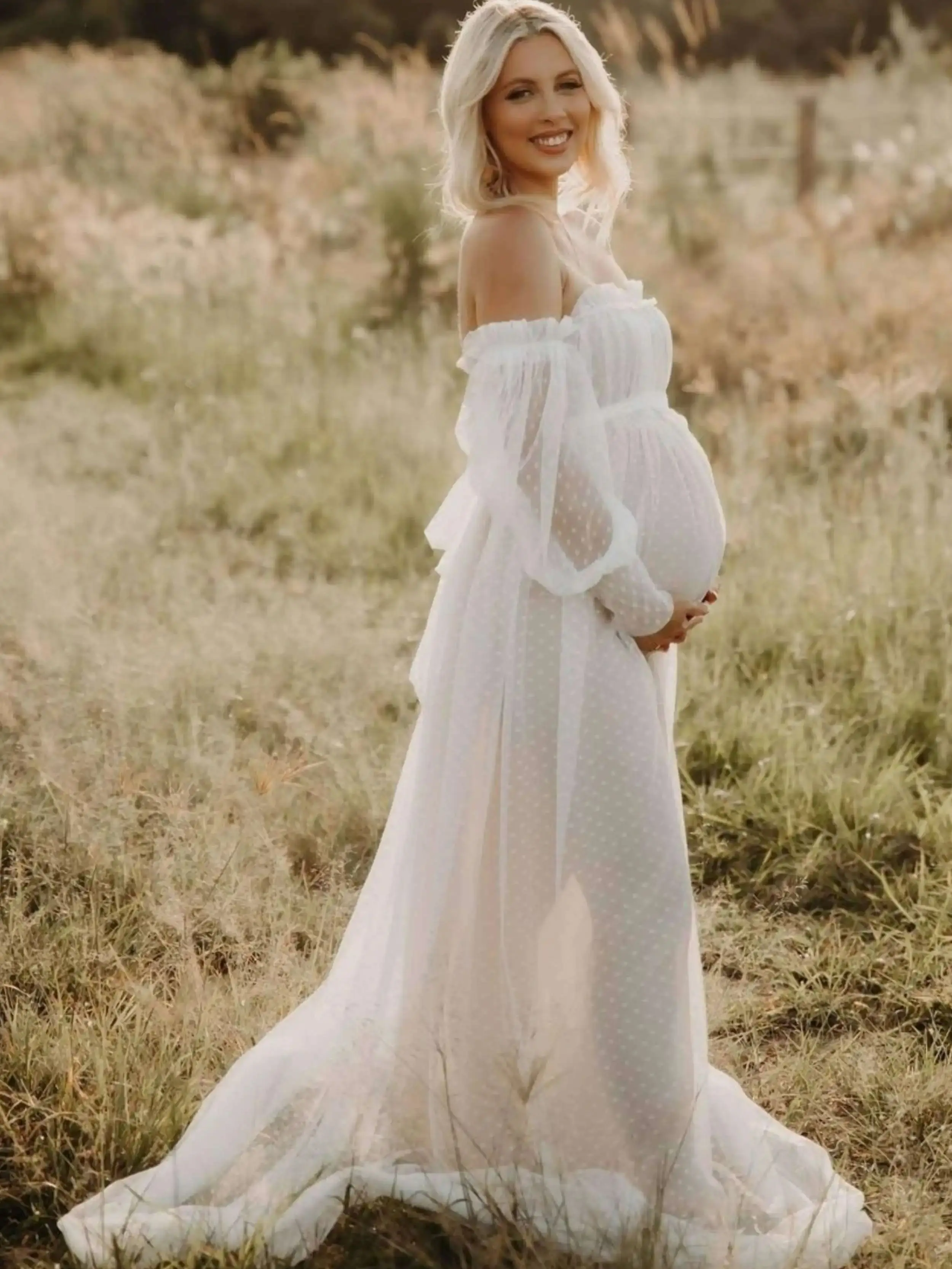 White Dot Elegant Maternity Dress Photoshoot Pregnant Clothes For Photography Outfit Lab Studio Woman Baby Shower Dresses