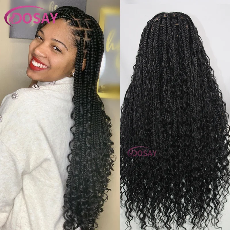 32 Inch Boho Braided Wigs Synthetic 360 Full Lace Front Wigs Bohemian Box Braided Wig Goddess Locs Knotless Wigs With Curly Hair