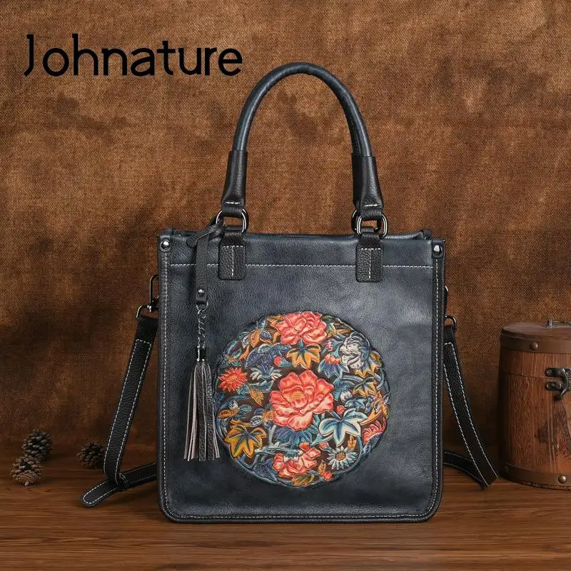 Borsa da donna in vera pelle goffrata retrò stile cinese Johnature 2024 nuove borse a tracolla versatili in vera pelle bovina di grande capacità