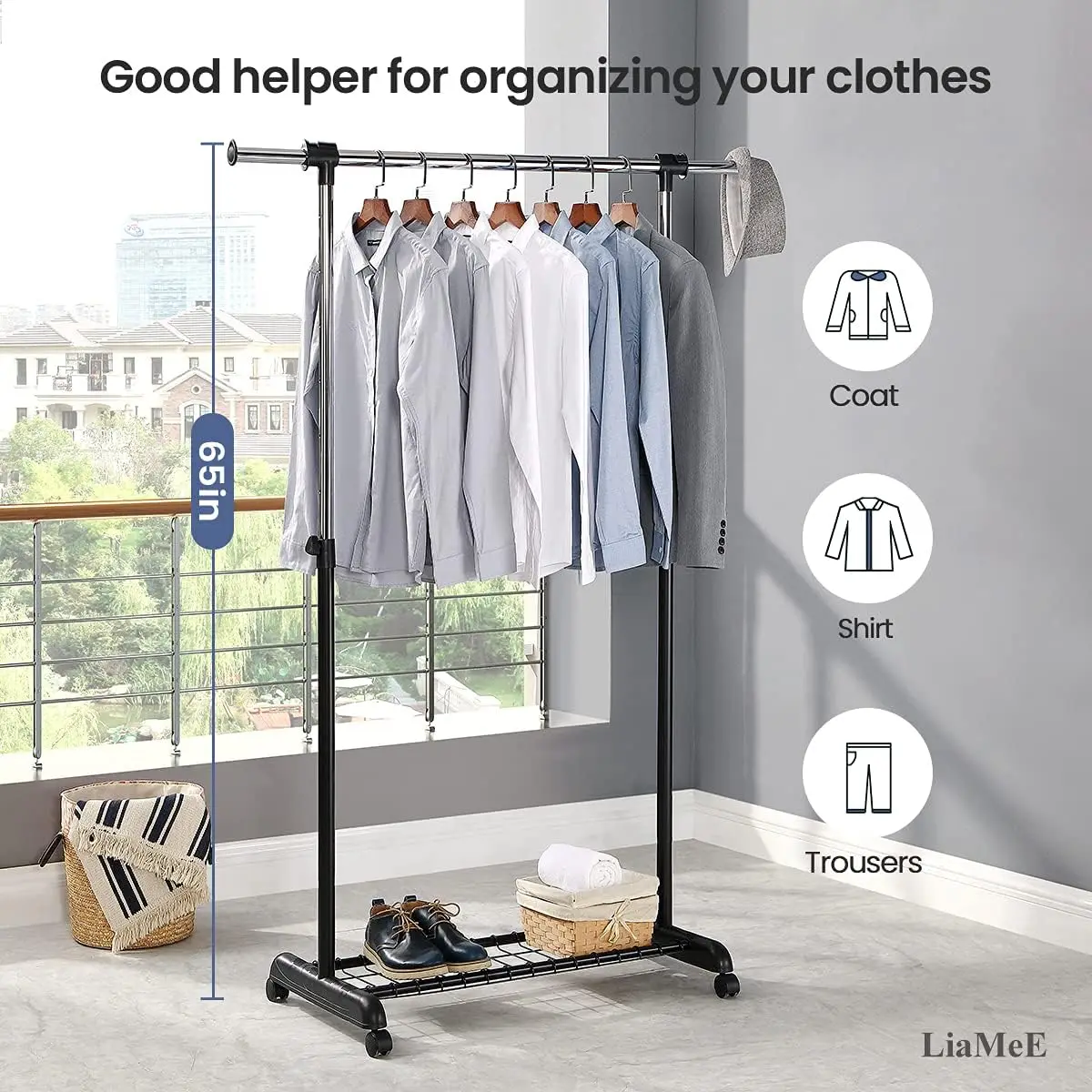 Adjustable Clothing Rack for Hanging Clothes, Heavy Duty Garment Rack with Wheels，Free Standing Rolling Clothes Rack with Sh