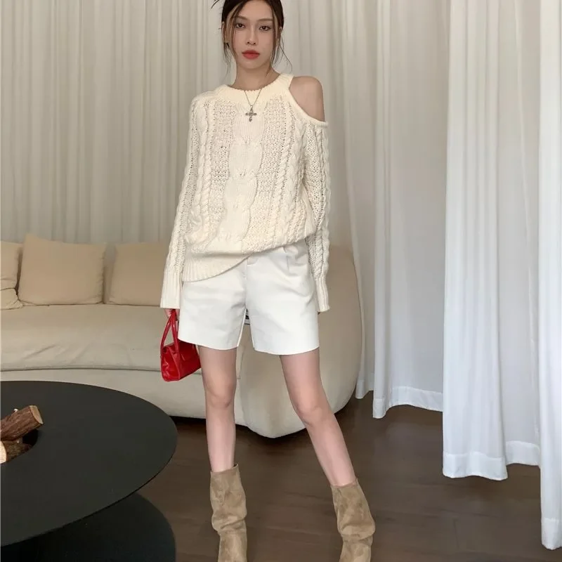 

Women Clothes Autumn Winter Korean Simplicity Fashionable Solid Color O-neck Female Sweet Knitting Off Shoulder Sweater Pullover