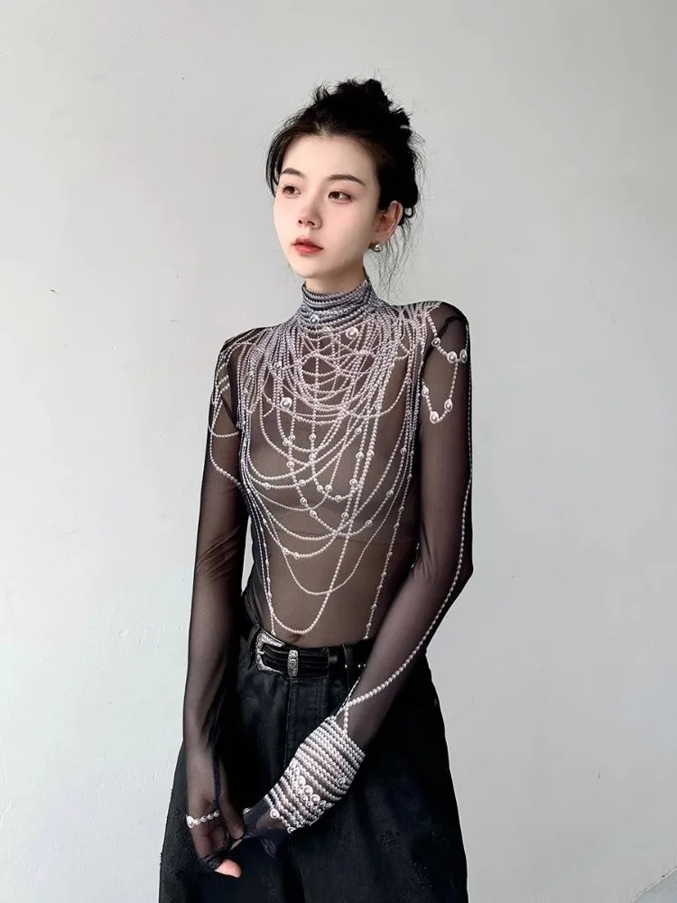 3D Pearl Print Half-high Collar T-shirts Spring New Slim Fit See Through Mesh Tees Y2k E-Girl Long Sleeve Bottoming Tops Women