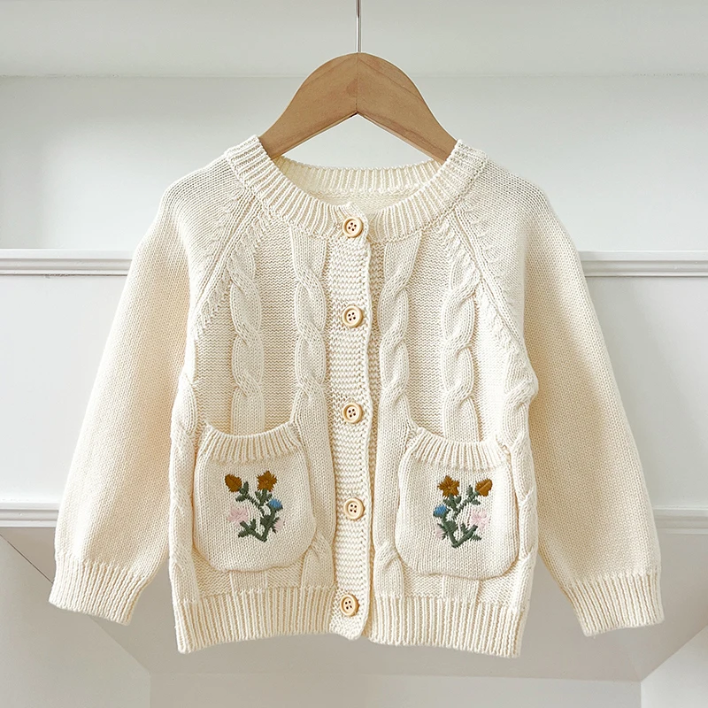 

2024 New Autumn Toddler Baby Girl Knitting Cardigan Newborn Baby Girls Sweater Coat Long Sleeve Flower Embroidery Cardigan Coat