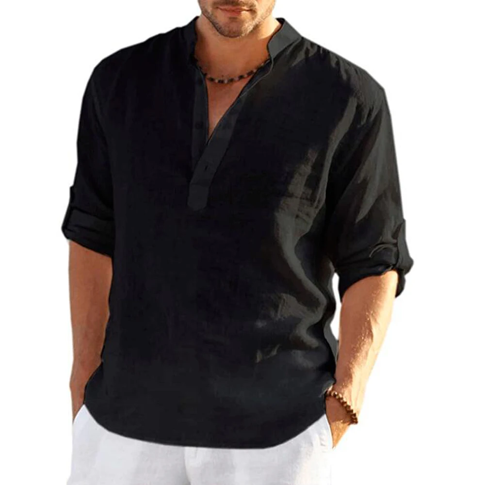 Men Button Blouse Tops Summer Male Collarless Long Sleeve Cotton Linen Loose Blouse Shirts Oversized S-4XL BSD-ZT167