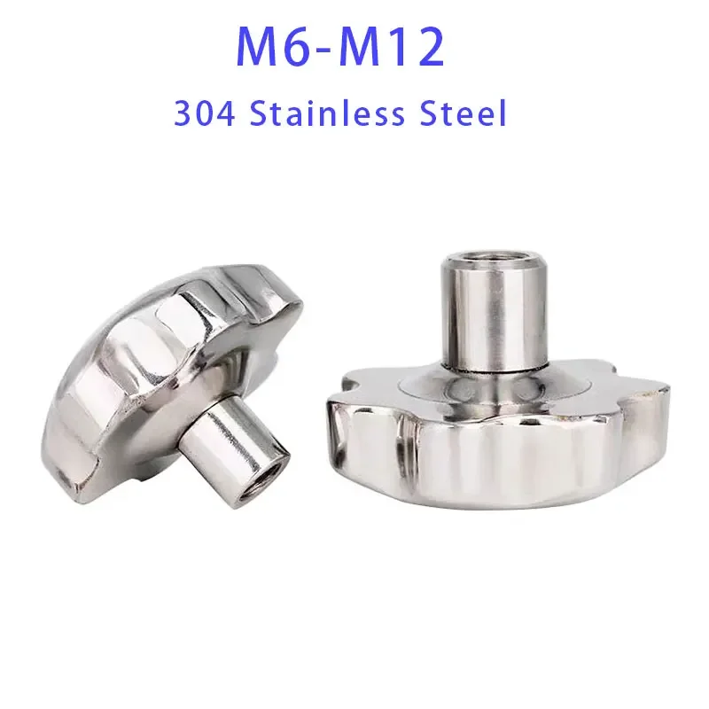 304 Stainless Steel Female Thread Star Shaped Handle Knob Screw Cap Plum Through Hole Lock Clamping Hand Wheel Nut M6 M8 M10 M12