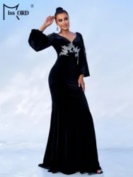 Missord New Winter Lantern Sleeves V Neck Velvet Black Mermaid Evening Gown Formal Occasion Chic Elegant Woman Prom Party Dress