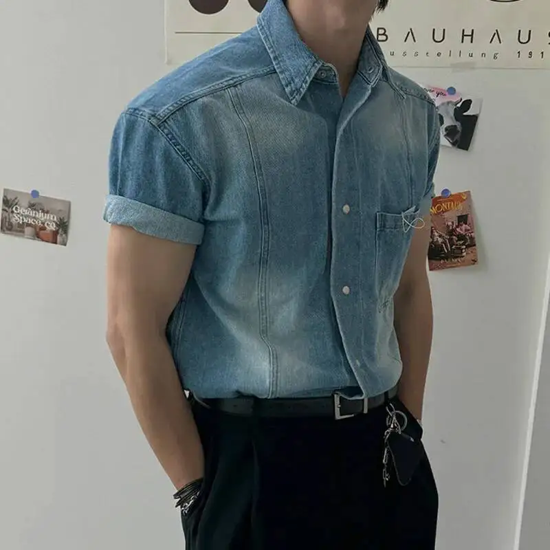 Vintage Men's Shirts Solid Color Washing Turn-down Collar Short Sleeved Solid Color Single Breasted Loose Male Cloth 9W6J5C