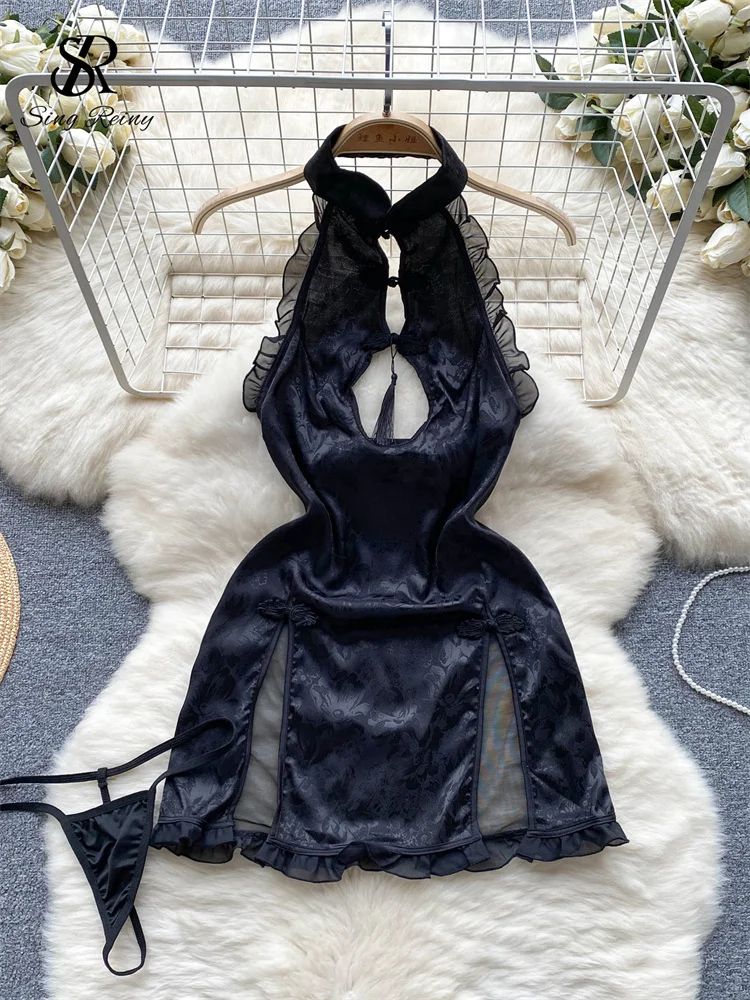 

SINGREINY Ретро прозрачное Cheongsam сексуальные пижамы женские сетчатые лоскутные облегающие короткие ночные рубашки летнее эротическое ночное платье с лямкой на шее с разрезом
