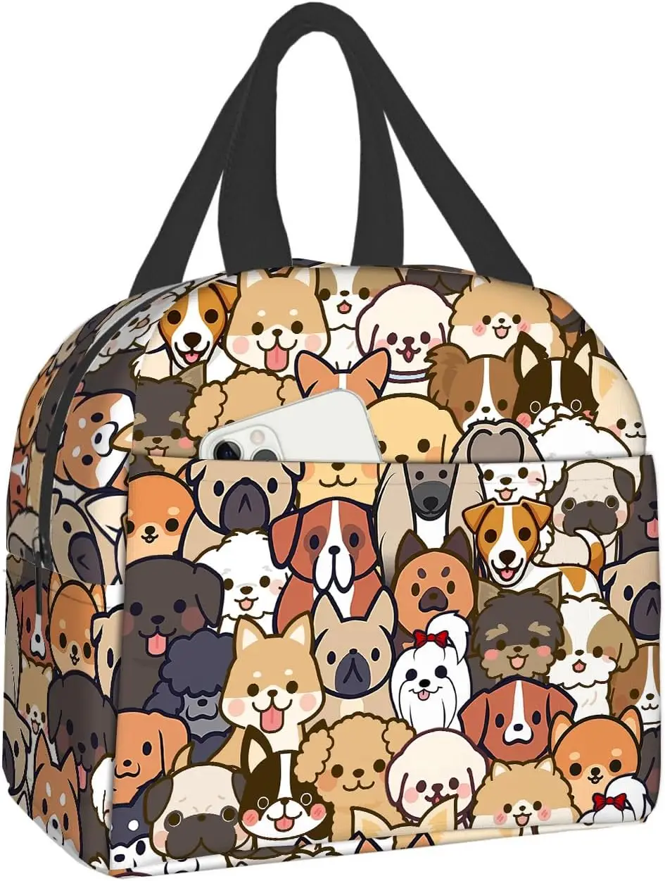 Cute Dog Lunch Bag Kawaii Puppy Lunch Box Animal Print Compact Tote Bag Reusable Purse for Women Picnic Beach Office Work