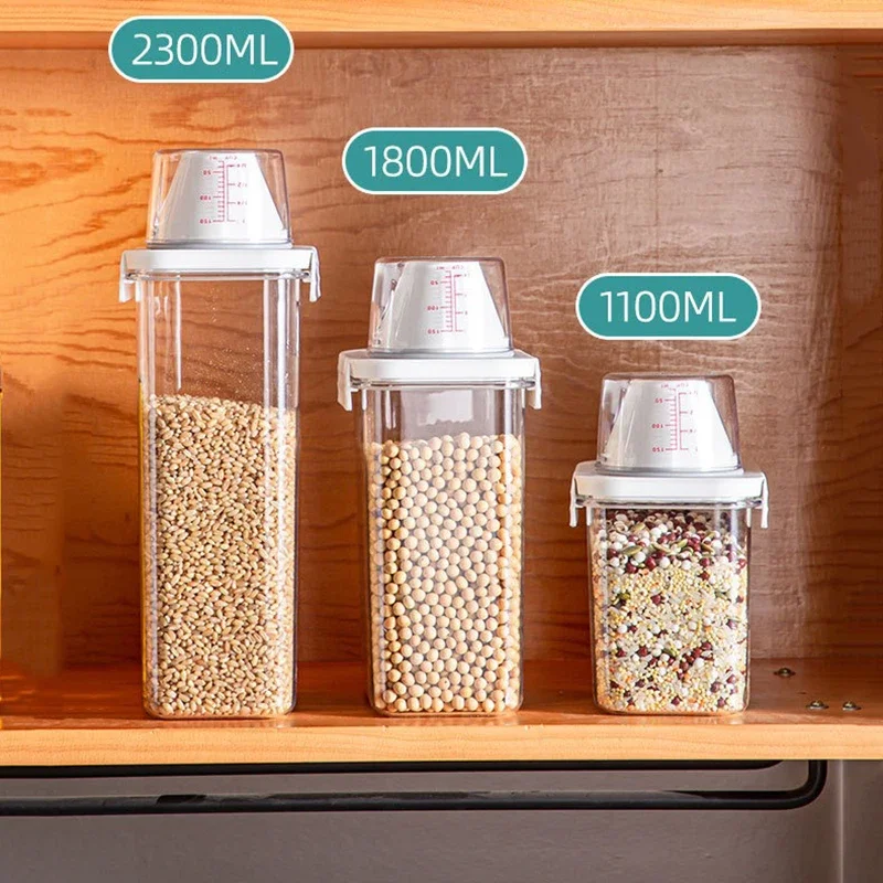 Sealed Cereal Insect-Proof Rice Bucket with Measuring Cup Transparent Rotary Food Moistureproof Tank Kitchen Storage Box