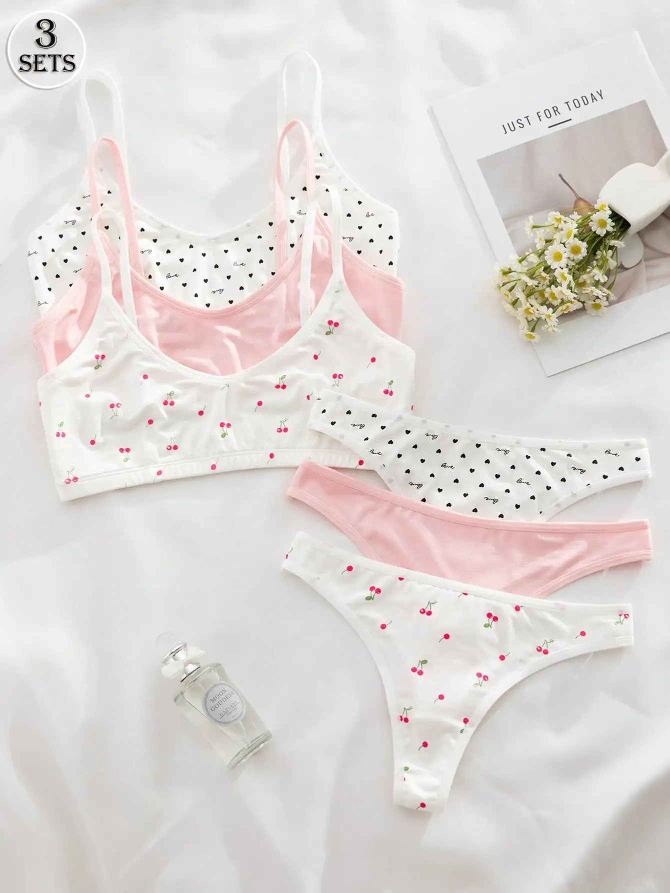 

3 Sets Women's Cherry & Heart Print Bralette and Panty Set, Soft Cotton Blend