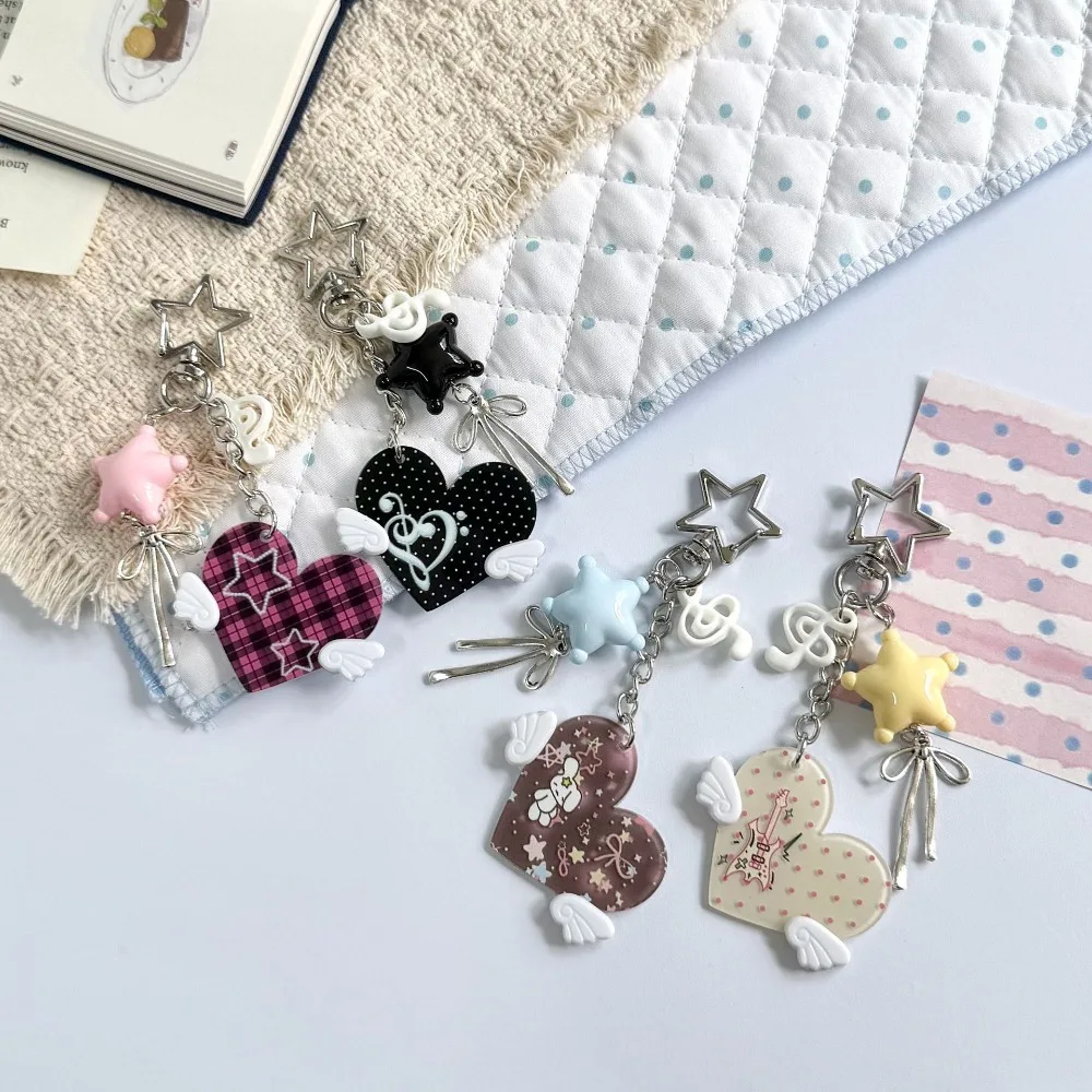 Cartoon Y2K Retro Angel Wings Keychain with Heart Polka Dot Music Note Vintage Heart Acrylic Bag Charm Pendant Gift Accessory