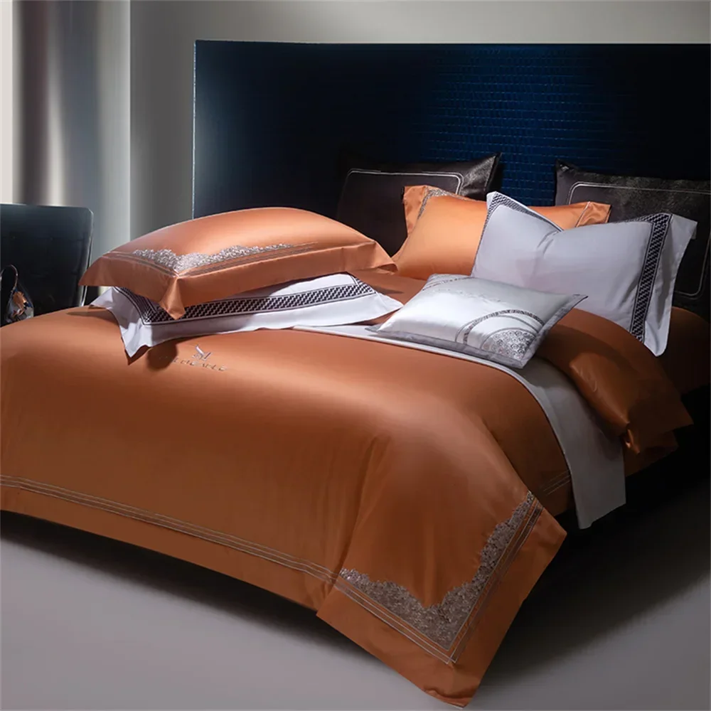 Svetanya Orange Egyptian Cotton Satin Jacquard Embroidery bedding set King Queen Bed Lines Elastic Sheet Pillowcase Duvet Cover