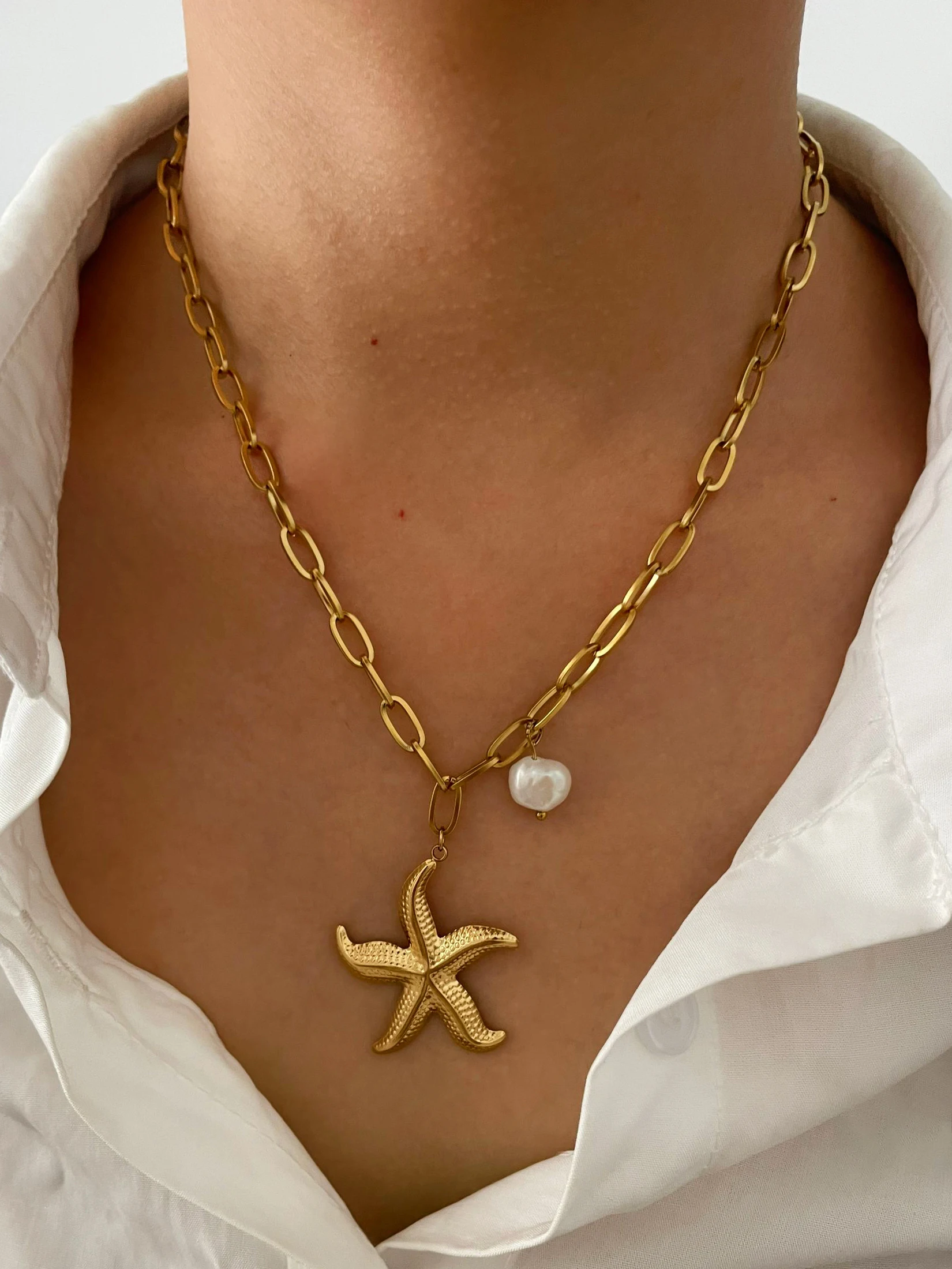 Peri'sbox 316L Stainless Steel Big Starfish Natural Freshwater Pearl Pendant Necklace for Women Trendy Summer Party Jewelry Gift