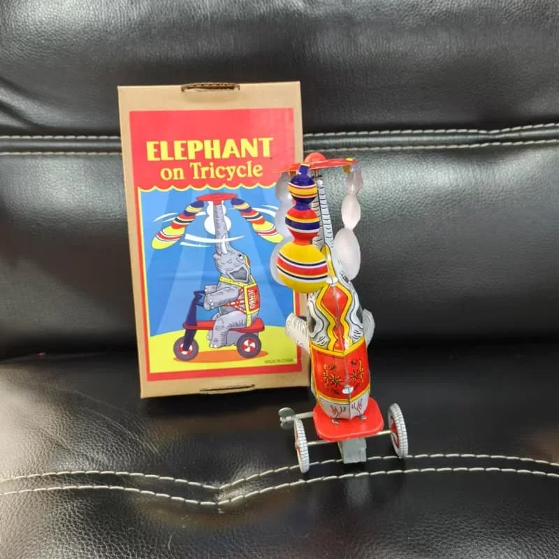 [Funny] Adult Collection Retro Wind up toy Metal Tin circus acrobatics elephant on tricycle Mechanical Clockwork toy figure gift