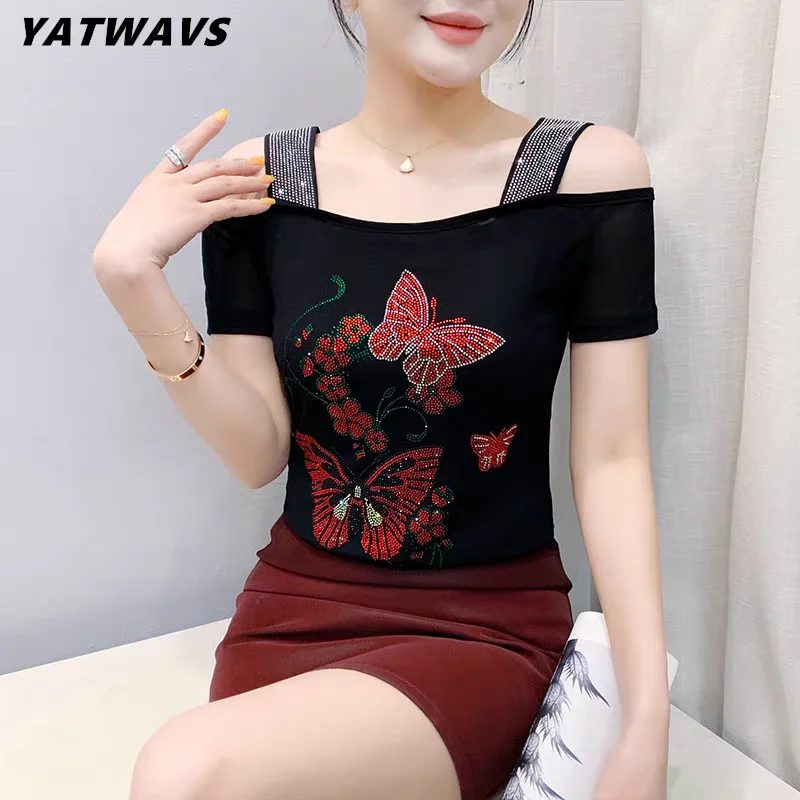 

Summer Shiny Butterfly Hot Diamonds Designer Women's T-Shirt Streetwear Sexy Off Shoulder Girl Tees Short Sleeved Slim Mesh Top