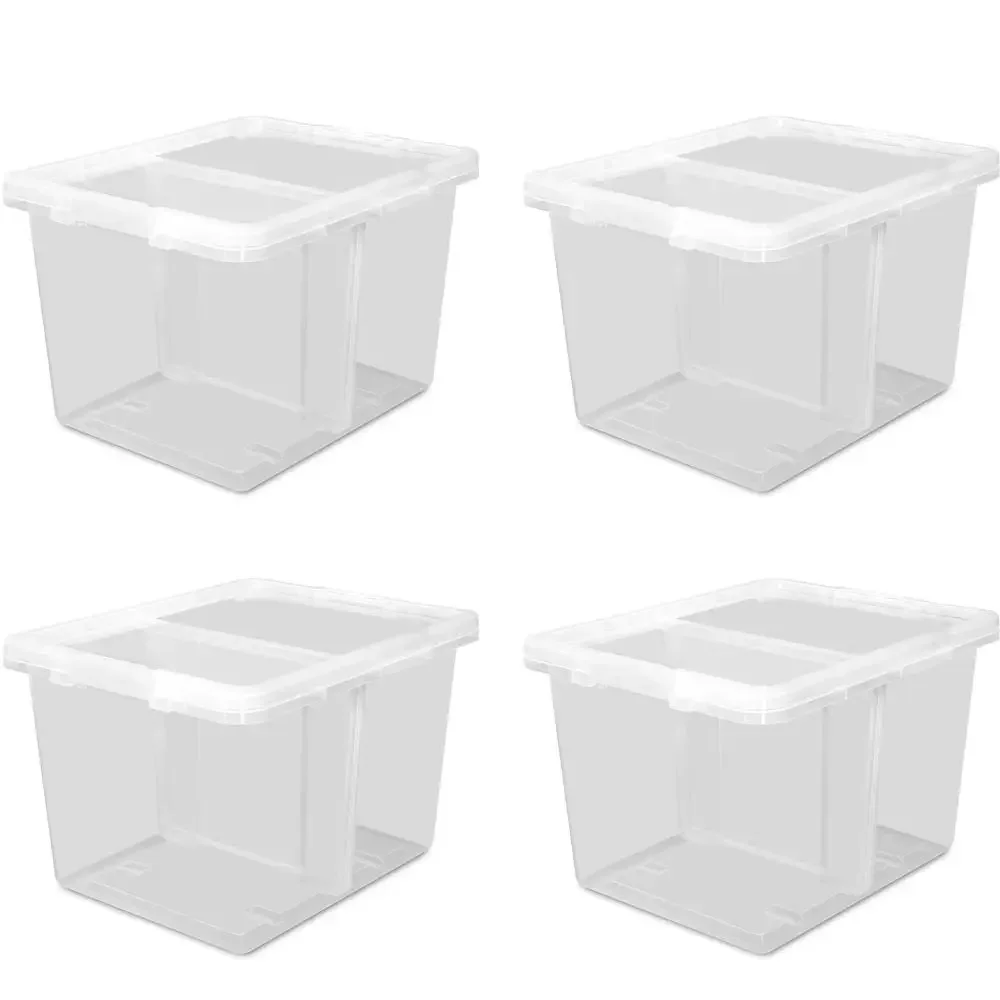 Clear Plastic Storage Bin Set of 4 with Divider 70 Quart Stackable Carrying Handles Adjustable Divider Adult Bin Organizers