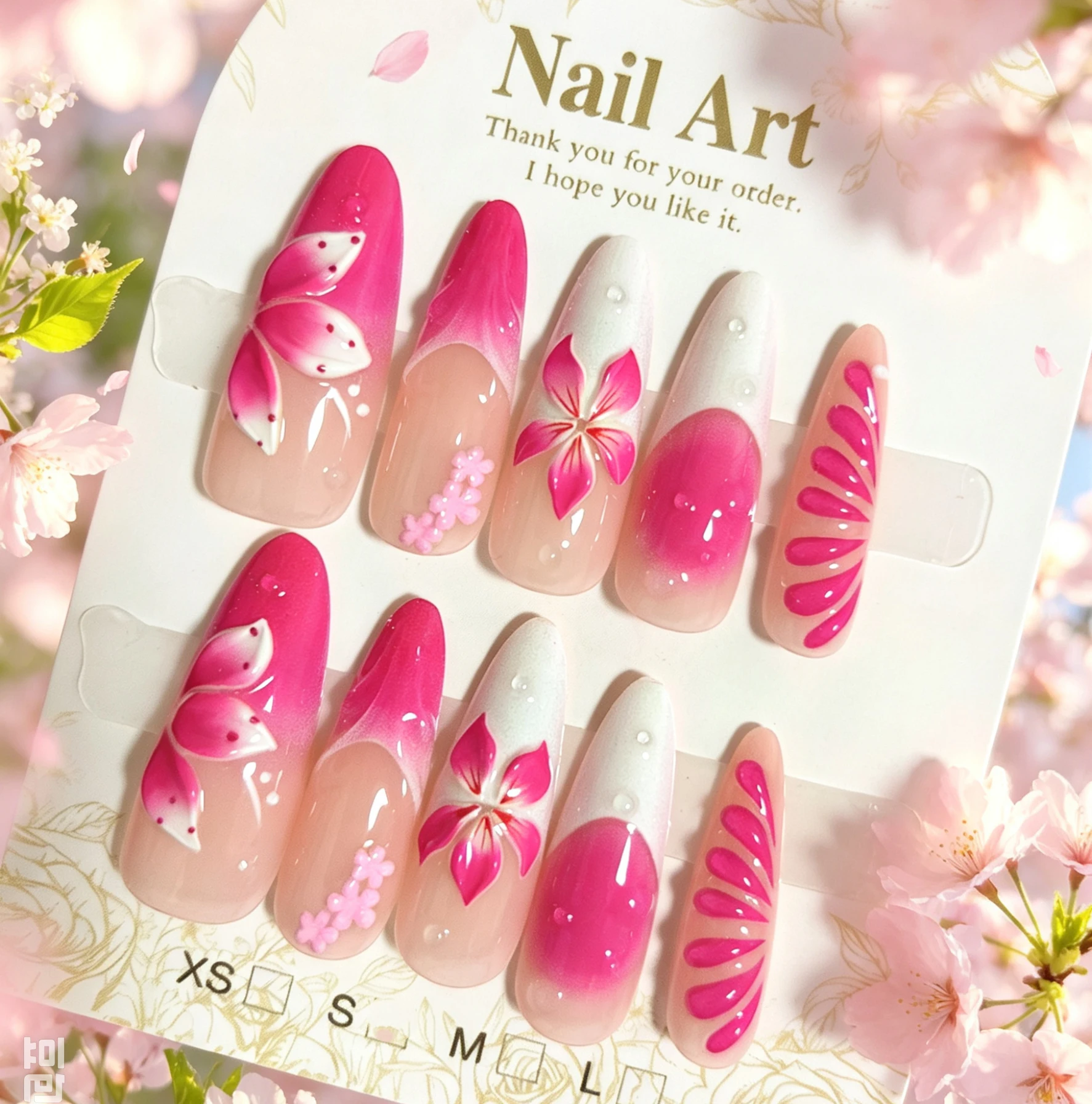 10pcs Handmade Press On Nails Long Almond Hot Pink Gradient 3d Flower False Nails Full Cover Reusable Stick On Nails Nail Art