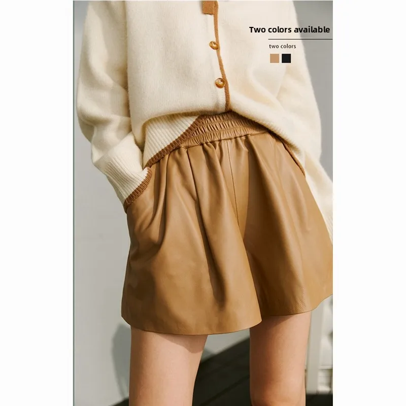 

2025 New Women's High Waist Wide Leg eepskin Leather orts Casual Slimming Trendy Commute Sle ket Detail Asymmetric