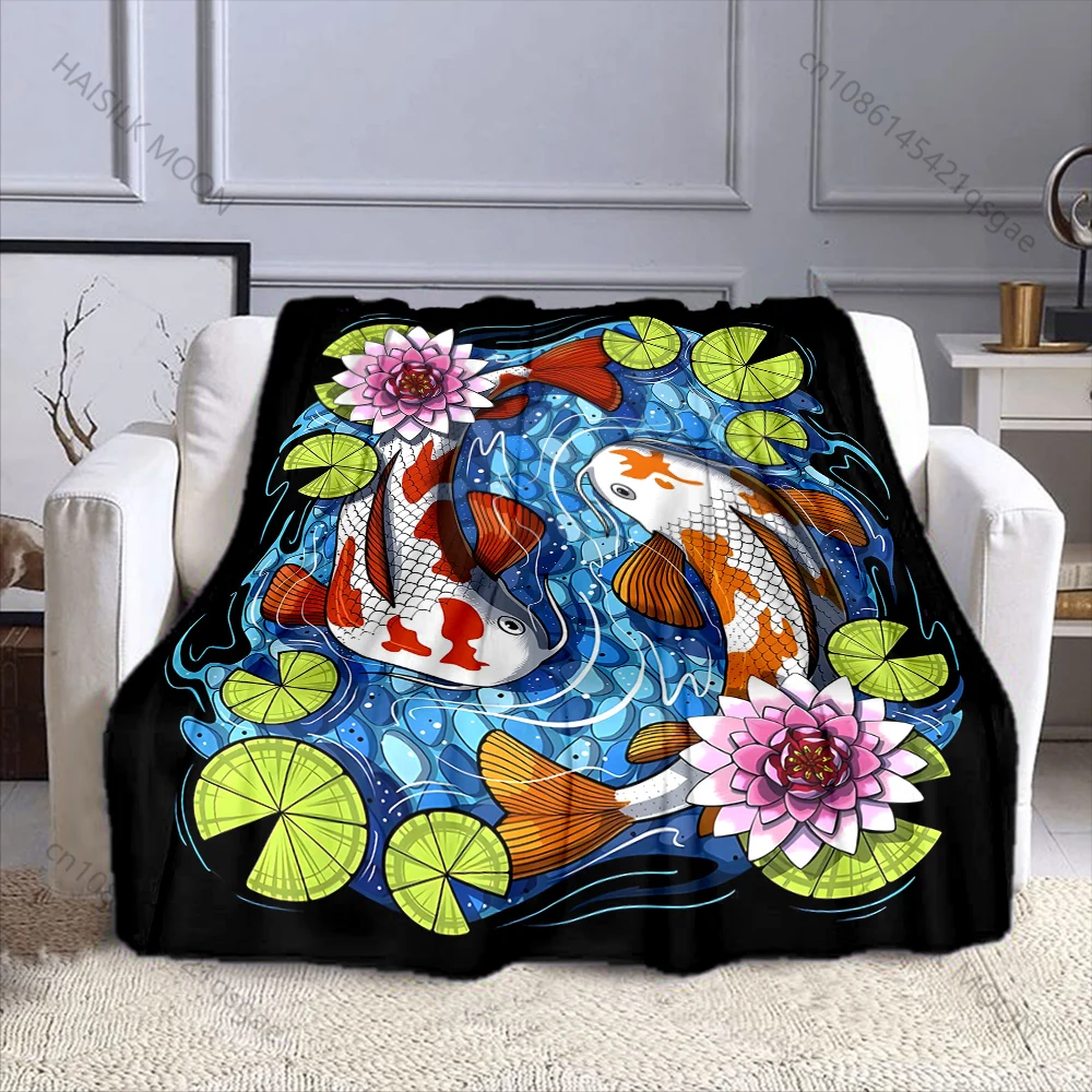 1PC Two koi lily pads lotus swirling water Print Adult Children Warm Blankets Home Travel Car Soft Comfortable luxury gift