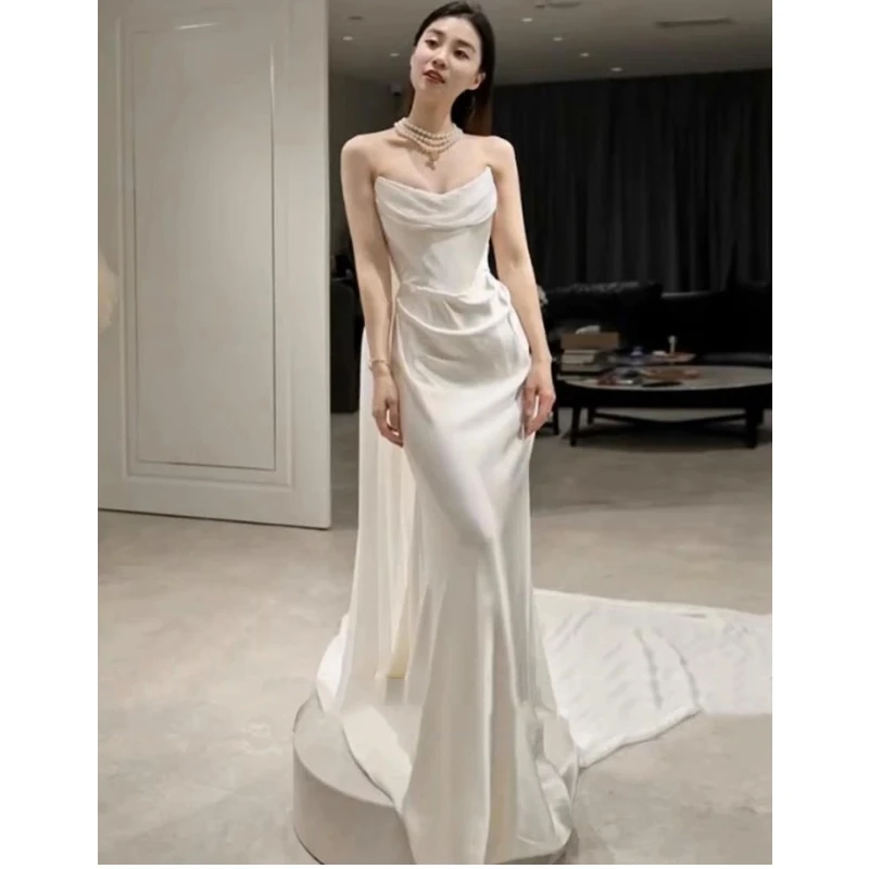 Simple Strapless Mermaid Wedding  Elegant Court Train Zipper Princess Bridal Dress Vestido  Novia Plus Size Made Customized