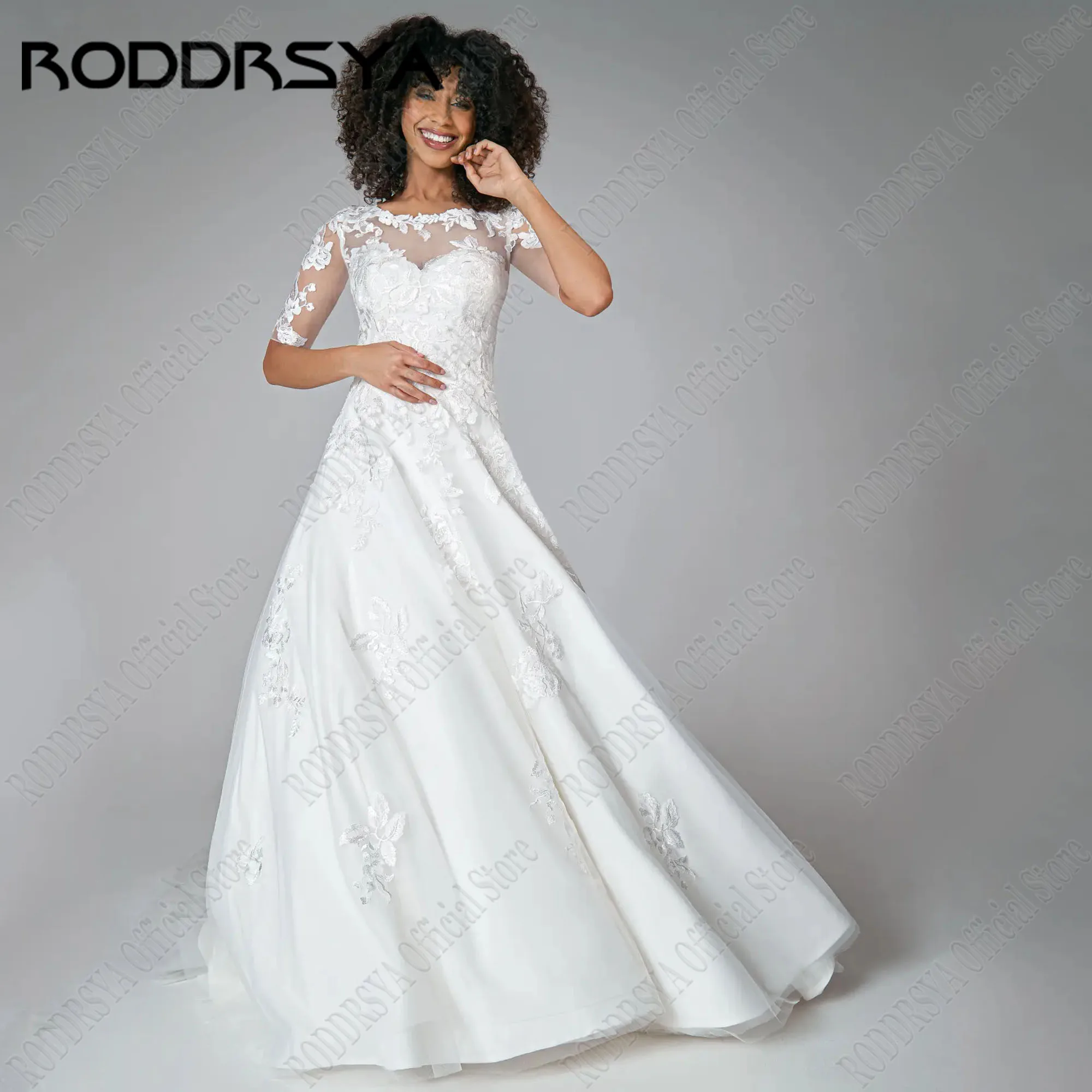 RODDRSYA Customized O Neck Lace Bohemian Wedding Dreses Half Sleeves Applique Bride Dress Boho Bridal Gowns Tulle Sweep Train