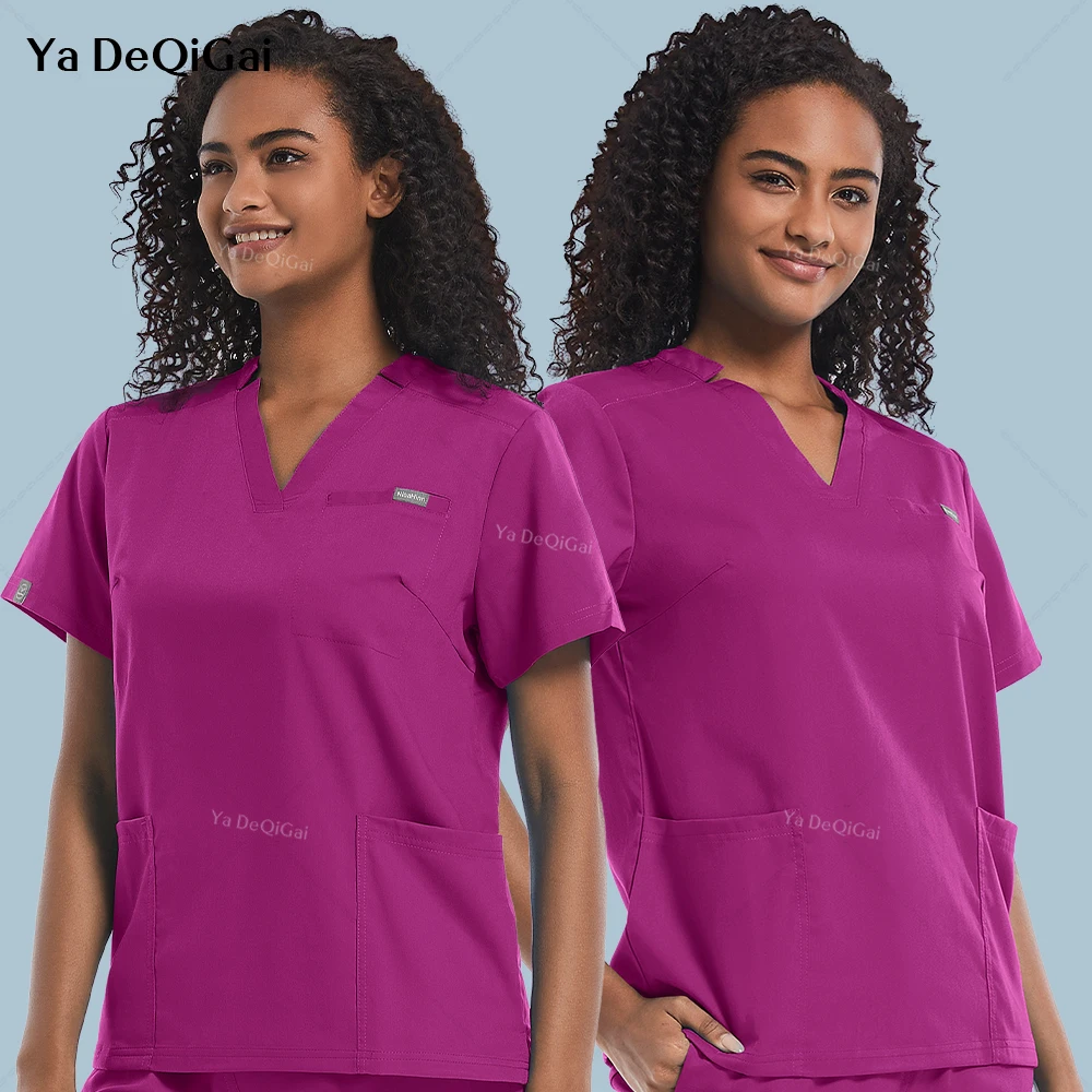 Medical Nurses Uniforms Nurse Uniform Women Short Sleeve Work Shirts Solid Color Scrubs Tops Lab Pockets Blouse Nursing Clothes