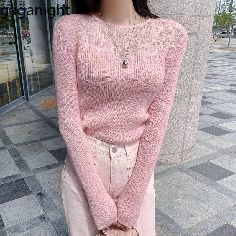 Gaganight Women Korean Chic O neck Slim Fit Sweater 2024 Autumn New Heart shaped Micro Transparent Long Sleeved Base Knitted Top