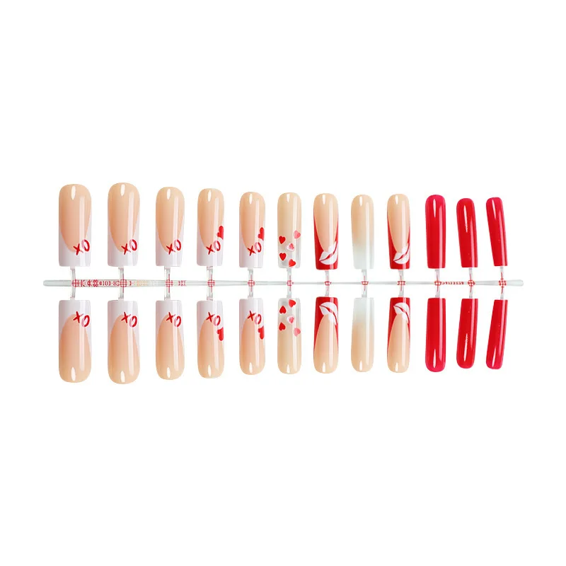 24개 레드 하트 키스 발렌타인 데이 프렌치 롱 래더 프레스온 재사용 가능 네일 팁 (여자친구 및 친구에게 적합)