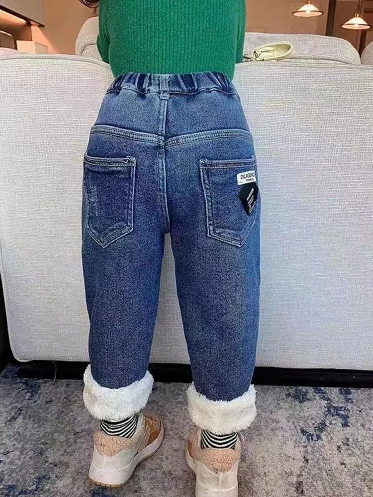 Vintage Fleece Lined Girls Jeans Pants Winter New Thick Kids Vaqueros Pantalones Warm Lambwool Fluff Elastic High Waist Jeansy