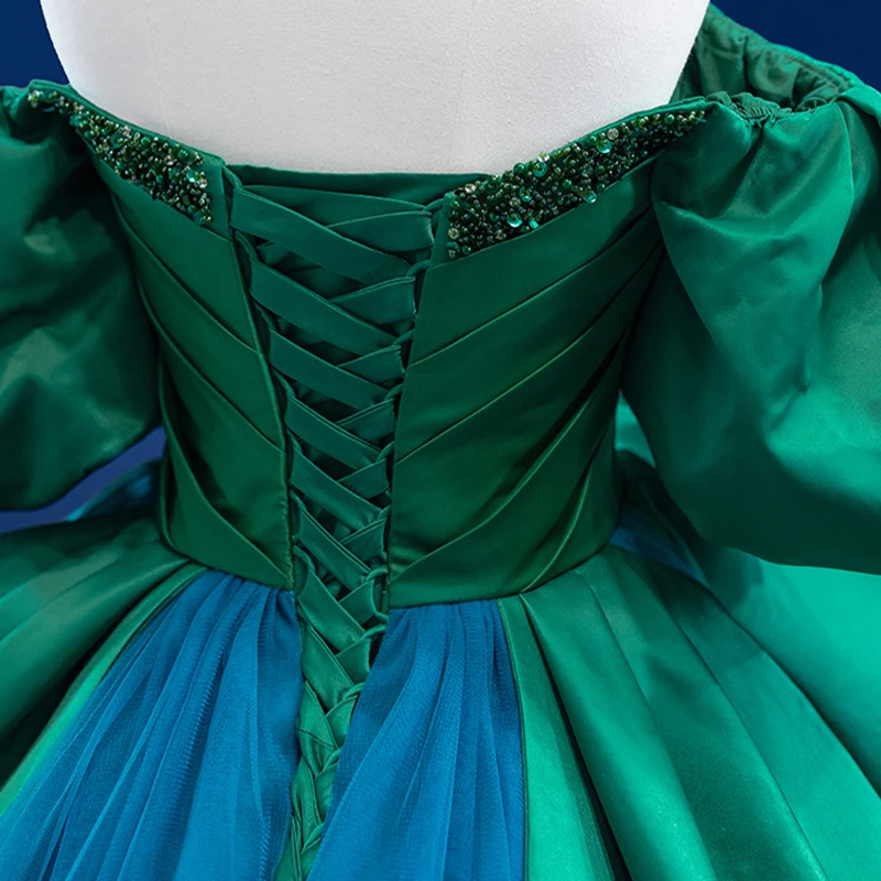 فساتين Quinceanera مخصصة باللون الأخضر والأزرق فستان فاخر على شكل كرة 2025 قبالة الكتف ذيل طويل حلو 15 16 سنة عيد ميلاد