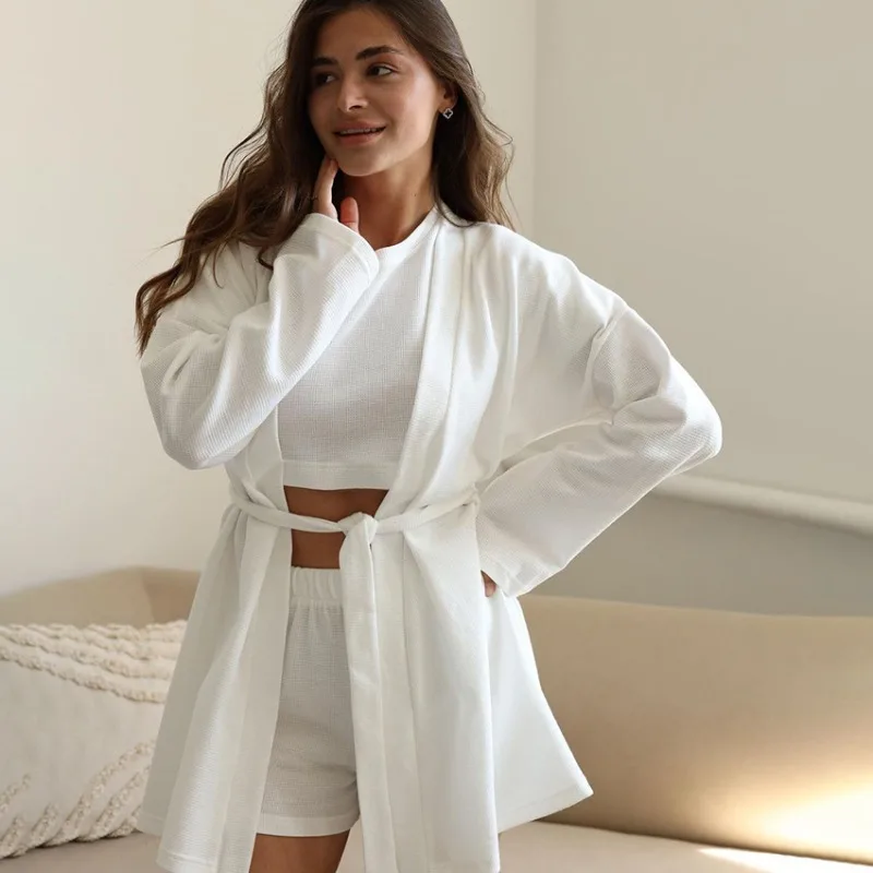 

Summer Women's 3Piece Knit Waffle Pajama Set Cardigan Short Sleeves Shorts Stylish Home Wear Cross Border Europe America L