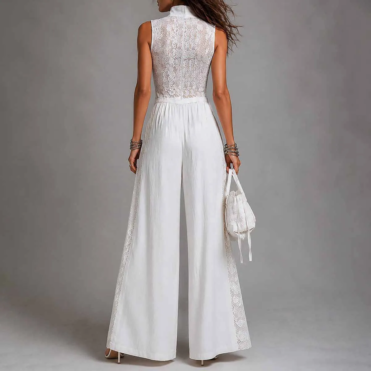 Women's Summer Jumpsuit Sleeveless Stand Collar Zip Front Sexy Lace Patchwork Wide Leg Hollow Out  Boho Casual Vacation Romper