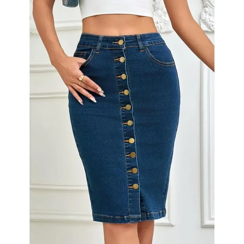 

High Waist Women's Denim Pencil Skirt Front Button Design Casual Sport Suit Seven Sve Length Autumn Season No Brand