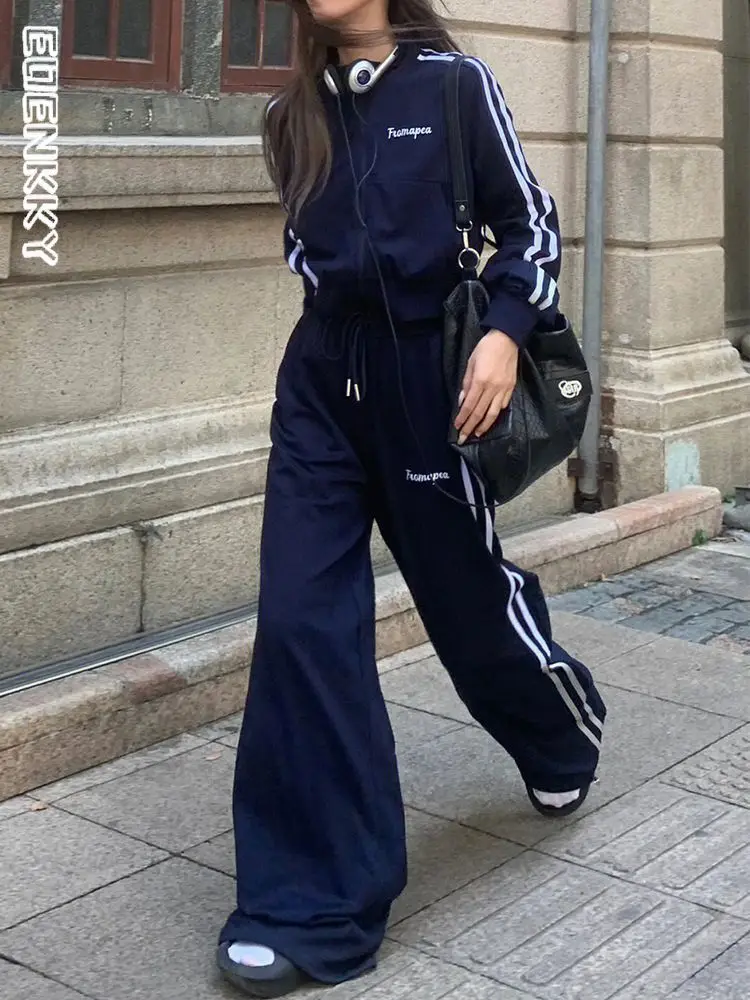 Y2K Kpop Tracksuit Pant Sets Women Korean Style Two Piece Set Wide-leg Pants Harajuku Baggy Cropped Striped Zip Up Sweatshirts