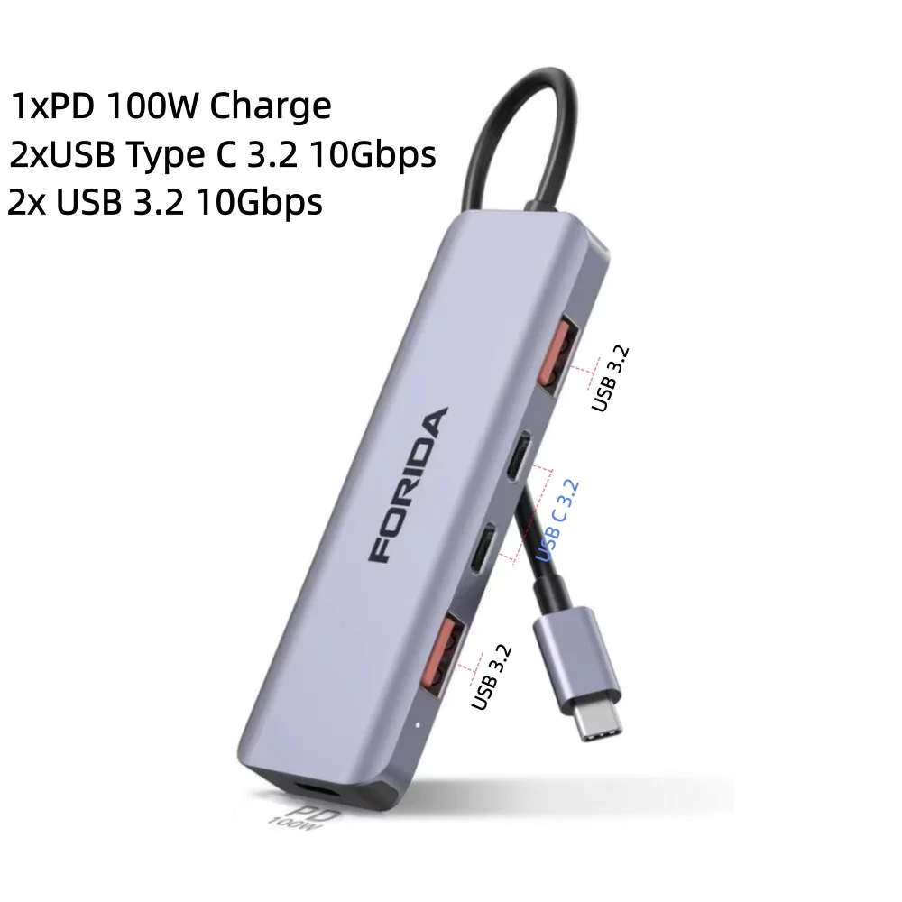FORIDA 5 in 1 USB 3.2 HUB 10Gbps Splitter Expansion USB A Type C HUB PD 100W Adapter for Laptop MacBook iPad Xiaomi Samsung