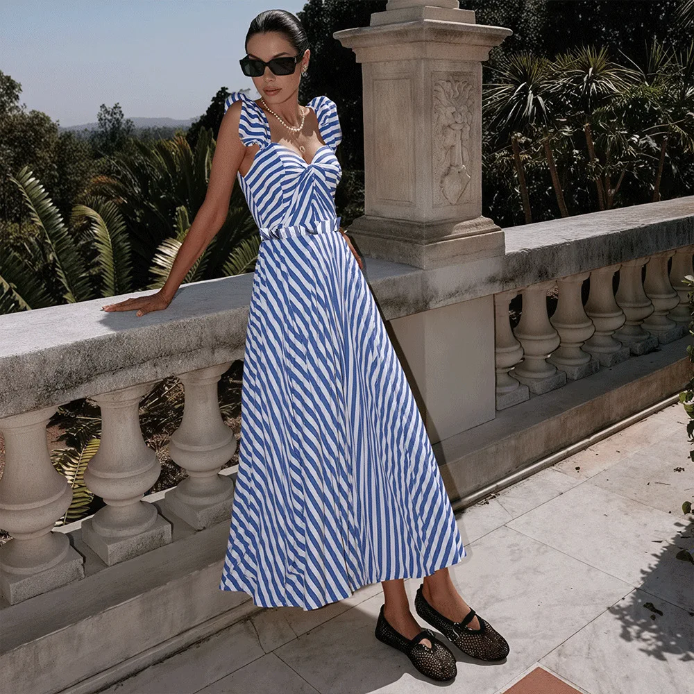 One Piece Swimsuit For Women European And American Swimwear Ruffle Edge Blue And White Striped One-piece Swimsuit Suit Women