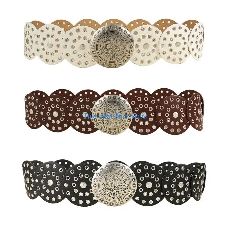 

HX6F Exaggerated Teens Relief Round Buckle Belt Eye-Catching Coat Jeans Waist Straps