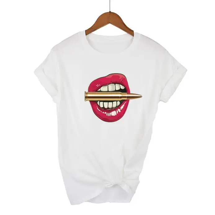 2021 women's shirt printed sexy T-shirt red lips round neck short-sleeved T-shirt women's basic T-shirt Rebel white T-shirt