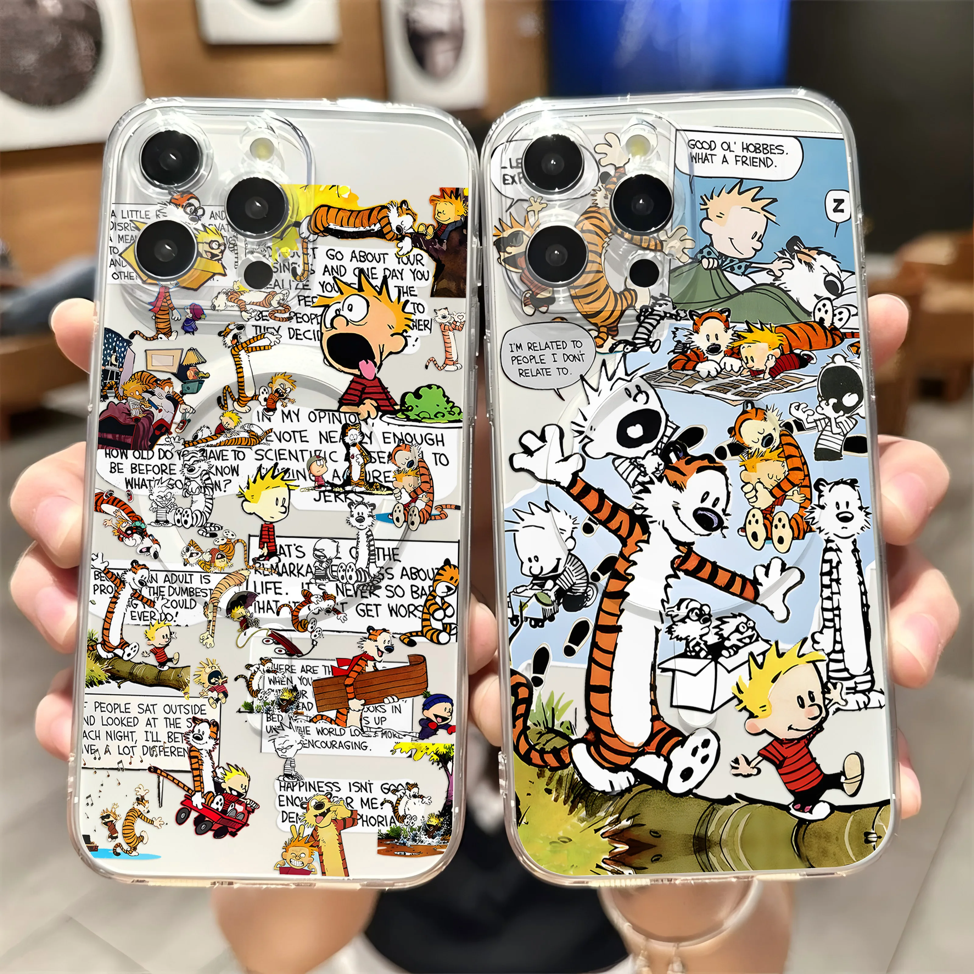 Cartoon C-Calvin And H-Hobbes Magnetic Phone Case for Samsung Galaxy S25 S24 S23 S22 S21 S20 FE Edge Plus Ultra 5G Clear Cover