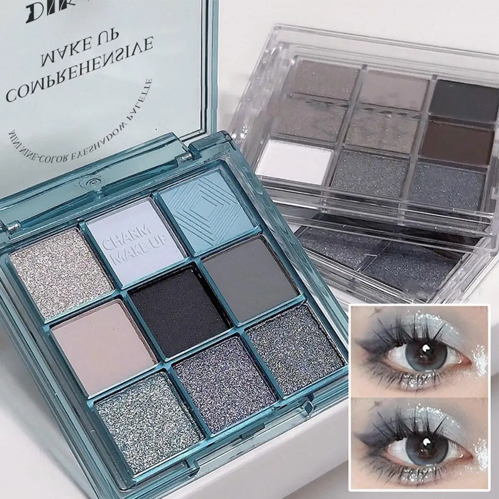 Paleta de sombra de ojos azul de nueve colores, mate nacarado, resistente al agua, brillo, maquillaje ahumado de larga duración, C9U7