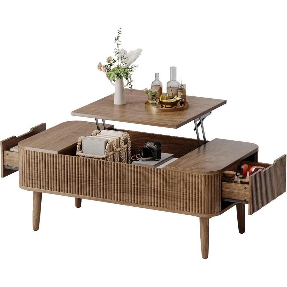 

47.2” Modern Coffee Table Wooden Fluted Lift Top Coffee Table with Hidden Compartment, Mid Century Modern Rectangle Center