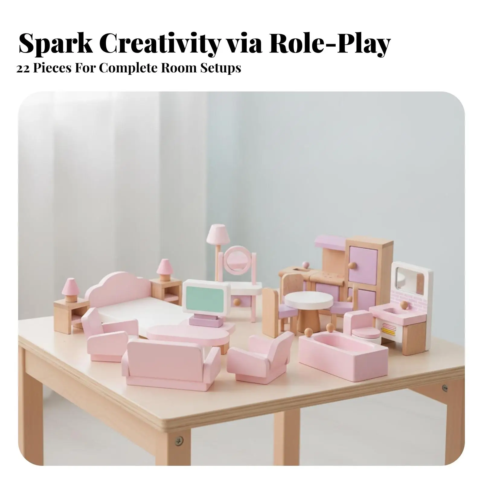 Wooden Children Miniature House 22 Piece Dollhouse Furniture Set with Bedroom and Kitchen Accessories for Kids Creative Play
